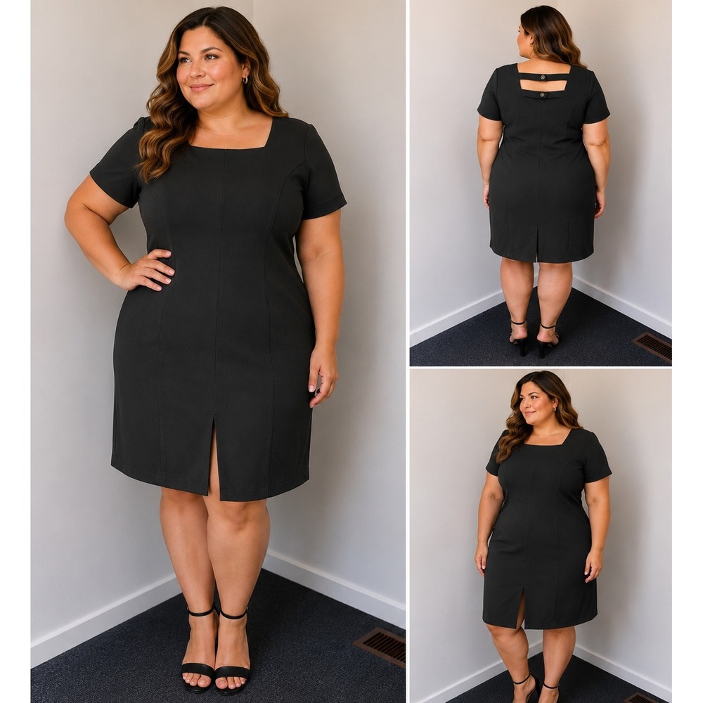 Liz Claiborne Vintage Black Sheath Dress Square Neck Back Strap Detail‎ Size 14